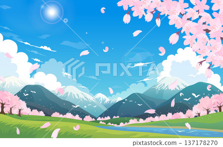 Illustration of snow-capped mountains, rows of cherry trees, and cherry blossoms in full bloom 3_horizontal 137178270