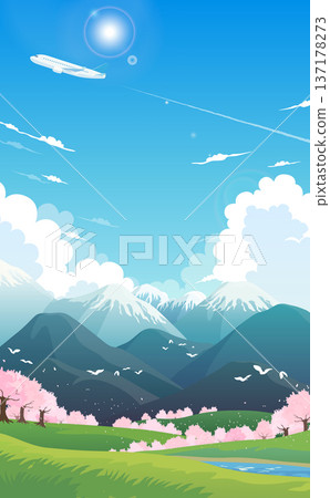 Illustration of cherry blossoms, spring scenery and airplanes_Vertical Illustration of cherry blossoms, spring scenery and airplanes_Vertical 137178273