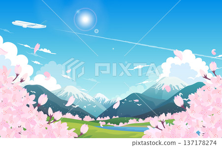 Illustration of cherry blossoms in full bloom, spring scenery and airplane 1_horizontal 137178274