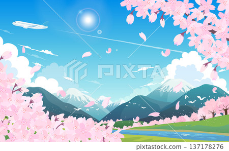 Illustration of cherry blossoms in full bloom, spring scenery and airplane 2_horizontal Illustration of cherry blossoms in full bloom, spring scenery and airplane 2_horizontal 137178276