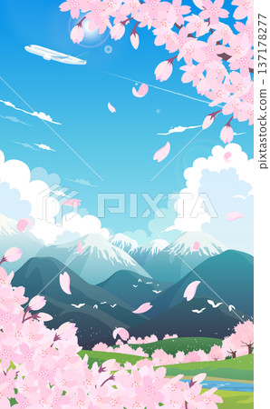 Illustration of cherry blossoms in full bloom, spring scenery and airplane 2_Vertical 137178277