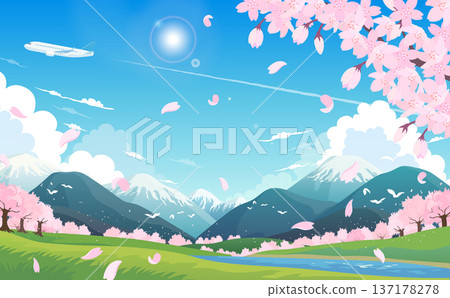 Illustration of cherry blossoms in full bloom, spring scenery and airplane 3_horizontal Illustration of cherry blossoms in full bloom, spring scenery and airplane 3_horizontal 137178278