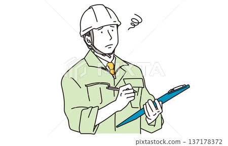 一幅簡單的插圖,描繪了一個穿著工作服、表情憂慮的男人。 一幅簡單的插圖,描繪了一個穿著工作服、表情憂慮的男人。 137178372