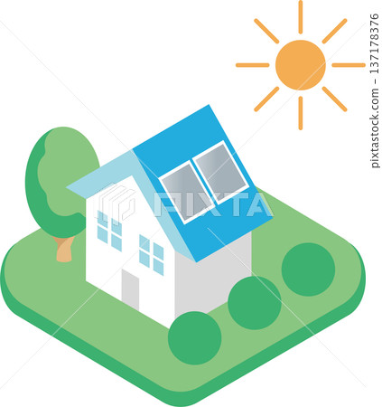 帶有太陽能電池板的房屋等距插圖。向量素材，適用於太陽能發電、零能耗建築和節能住宅。 137178376