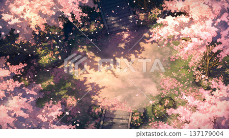 櫻花盛開，點綴著春日的天空。柔和的光線灑下，營造出夢幻般的氛圍，這完美的日式背景完美地詮釋了療癒與寧靜。 137179004