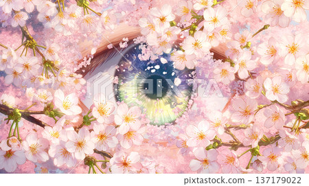 A fantastical spring scene with cherry blossoms falling. The composition of looking up at the sky enveloped in light evokes the changing of the seasons and the serenity of the soul. 137179022