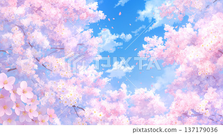 A spring scene with cherry blossoms in full bloom, coloring the sky. The soft light and cherry blossom petals create a fantastical and gentle impression. A spring scene with cherry blossoms in full bloom, coloring the sky. The soft light and cherry blossom petals create a fantastical and gentle impression. 137179036