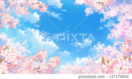 A spring scene with cherry blossoms in full bloom, coloring the sky. The soft light and cherry blossom petals create a fantastical and gentle impression. 137179042