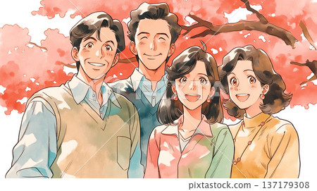 An illustration depicting a warm moment between smiling parents and children in the spring when cherry blossoms bloom. Family bonds and a sense of happiness. 137179308