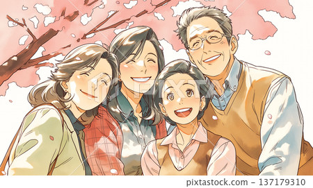 A warm illustration of a happy family in a spring park with falling flower petals. The theme is family love and togetherness. 137179310