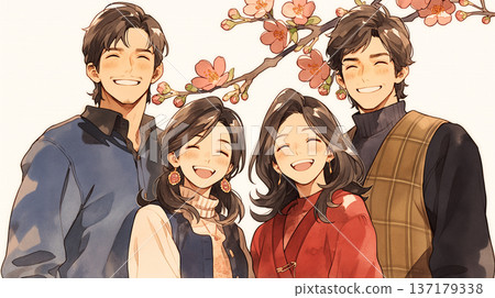 插圖描繪了春天櫻花樹下,一家人笑容燦爛地拍攝紀念照的幸福時刻。非常適合用作視訊背景。 插圖描繪了春天櫻花樹下,一家人笑容燦爛地拍攝紀念照的幸福時刻。非常適合用作視訊背景。 137179338