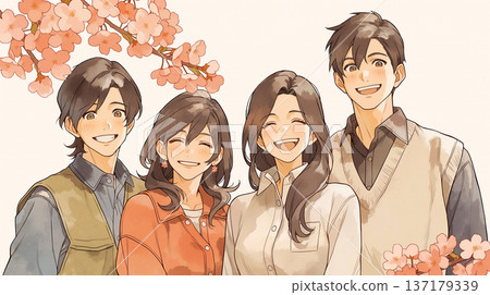 插圖描繪了春天櫻花樹下，一家人笑容燦爛地拍攝紀念照的幸福時刻。非常適合用作視訊背景。 137179339