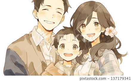 插圖描繪了春天櫻花樹下，一家人笑容燦爛地拍攝紀念照的幸福時刻。非常適合用作視訊背景。 137179341