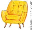 Hand-drawn colored pencil illustration of a modern minimalist yellow armchair, isolated 137179585