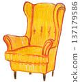 Hand-drawn colored pencil illustration of a classic English cozy yellow armchair, warm and vintage style, isolated 137179586