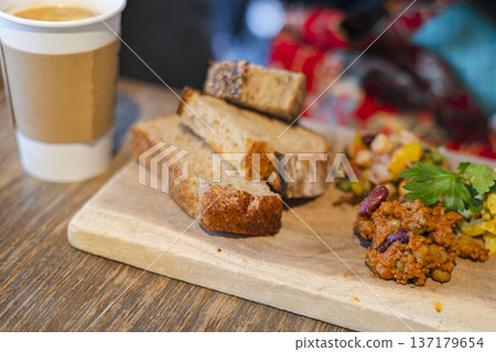 Cafe breakfast plate with bread and delicatessen Cafe breakfast plate with bread and delicatessen 137179654