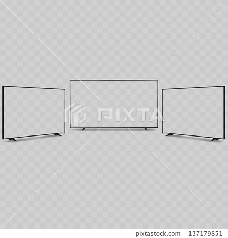 Realistic 4K Smart TV Mockup Set. Vector Flat Screen Television Template with Transparent Display and Stand. Realistic 4K Smart TV Mockup Set. Vector Flat Screen Television Template with Transparent Display and Stand. 137179851