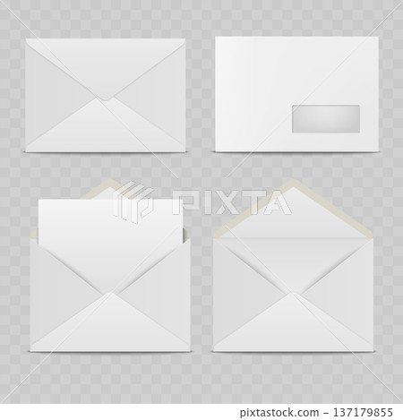 Realistic White Envelope Mockup Set. Vector Open and Closed Business Mail Stationery with Window. Realistic White Envelope Mockup Set. Vector Open and Closed Business Mail Stationery with Window. 137179855