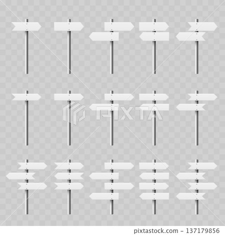 Realistic White Street Signpost Set. Vector Blank Wayfinding Direction Arrow Boards on Metal Poles. 137179856