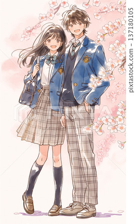 描繪高中生在櫻花盛開的春天裡青春浪漫生活的插畫。一對身著制服、笑容燦爛的情侶,以及成排盛開的櫻花樹。 描繪高中生在櫻花盛開的春天裡青春浪漫生活的插畫。一對身著制服、笑容燦爛的情侶,以及成排盛開的櫻花樹。 137180105