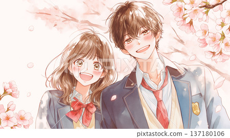 描繪高中生在櫻花盛開的春天裡青春浪漫生活的插畫。一對身著制服、笑容燦爛的情侶，以及成排盛開的櫻花樹。 137180106