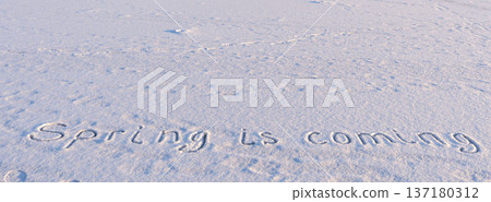Written SPRING IS COMING on snow background message ice outdoor on ground in winter. Writing text sign and drawing on field in frozen background. Weather is changing cold season has arrived. Mockup Written SPRING IS COMING on snow background message ice outdoor on ground in winter. Writing text sign and drawing on field in frozen background. Weather is changing cold season has arrived. Mockup 137180312