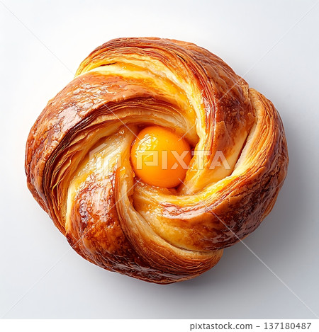 Freshly Baked Pastry with Egg Yolk Center in Artful Swirl on White Background Freshly Baked Pastry with Egg Yolk Center in Artful Swirl on White Background 137180487