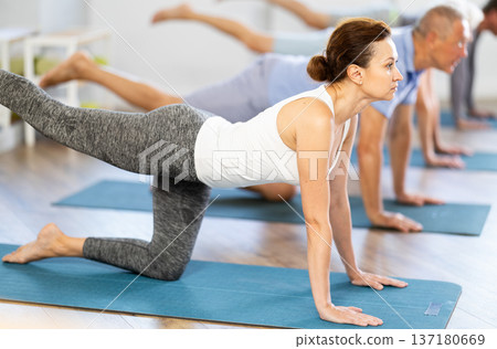Diligent women and men doing body stretching before yoga class in a fitness studio 137180669