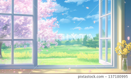 一幅水彩插畫，描繪了一扇被柔和光線和春花環繞的窗戶，背景是盛開的花朵和飄動的花瓣，令人印象深刻。 137180995