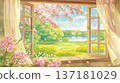 這是一幅水彩插畫，描繪了春意盎然的花園，視角是從室內。背景中飄落的花瓣和光影交錯，構成了一幅令人印象深刻的畫面。 137181029