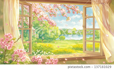 這是一幅水彩插畫，描繪了春意盎然的花園，視角是從室內。背景中飄落的花瓣和光影交錯，構成了一幅令人印象深刻的畫面。 137181029