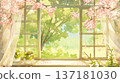 這是一幅水彩插畫，描繪了春意盎然的花園，視角是從室內。背景中飄落的花瓣和光影交錯，構成了一幅令人印象深刻的畫面。 137181030