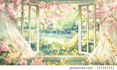 這是一幅水彩插畫，描繪了春意盎然的花園，視角是從室內。背景中飄落的花瓣和光影交錯，構成了一幅令人印象深刻的畫面。 137181031