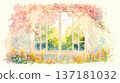 這是一幅水彩插畫，描繪了春意盎然的花園，視角是從室內。背景中飄落的花瓣和光影交錯，構成了一幅令人印象深刻的畫面。 137181032