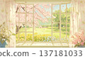 這是一幅水彩插畫，描繪了春意盎然的花園，視角是從室內。背景中飄落的花瓣和光影交錯，構成了一幅令人印象深刻的畫面。 137181033