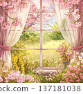 這是一幅水彩插畫，描繪了春意盎然的花園，視角是從室內。背景中飄落的花瓣和光影交錯，構成了一幅令人印象深刻的畫面。 137181038