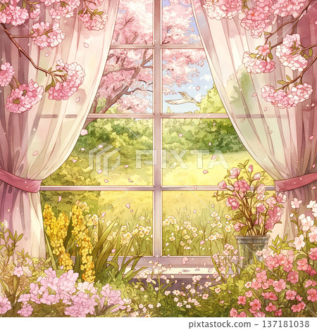 這是一幅水彩插畫，描繪了春意盎然的花園，視角是從室內。背景中飄落的花瓣和光影交錯，構成了一幅令人印象深刻的畫面。 137181038