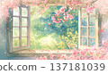 這是一幅水彩插畫，描繪了春意盎然的花園，視角是從室內。背景中飄落的花瓣和光影交錯，構成了一幅令人印象深刻的畫面。 137181039