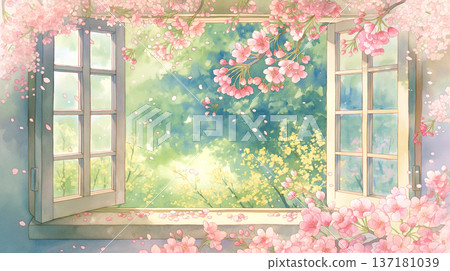 這是一幅水彩插畫，描繪了春意盎然的花園，視角是從室內。背景中飄落的花瓣和光影交錯，構成了一幅令人印象深刻的畫面。 137181039