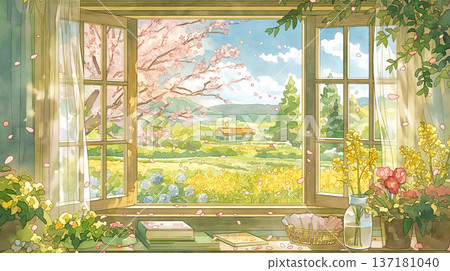 這是一幅水彩插畫，描繪了春意盎然的花園，視角是從室內。背景中飄落的花瓣和光影交錯，構成了一幅令人印象深刻的畫面。 137181040