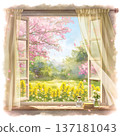 一幅水彩插畫，描繪了一扇被柔和光線和春花環繞的窗戶，背景是盛開的花朵和飄動的花瓣，令人印象深刻。 137181043
