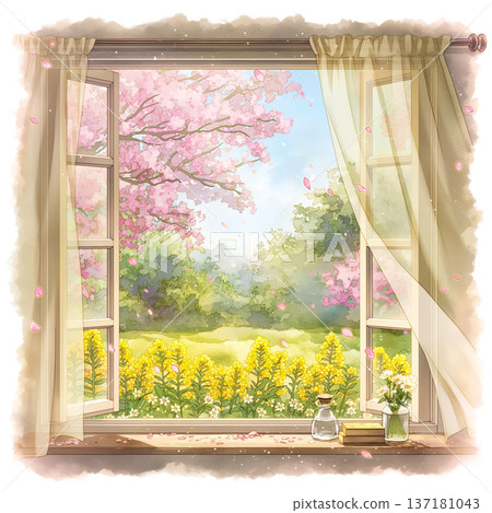 一幅水彩插畫，描繪了一扇被柔和光線和春花環繞的窗戶，背景是盛開的花朵和飄動的花瓣，令人印象深刻。 137181043
