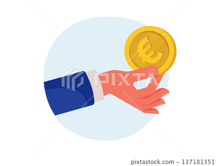 Hand holding a gold Euro coin for payment and finance stock illustration. Hand holding a gold Euro coin for payment and finance stock illustration. 137181351