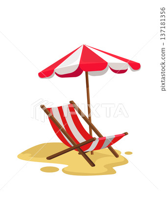 Red and White Striped Beach Chair and Umbrella Summer Stock Illustration. 137181356