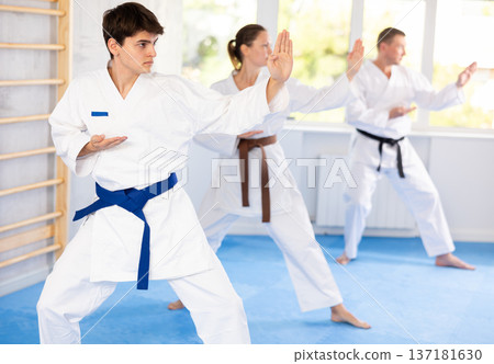 Athletes have starting position and repeating sequence of punches and painful techniques in kata Athletes have starting position and repeating sequence of punches and painful techniques in kata 137181630