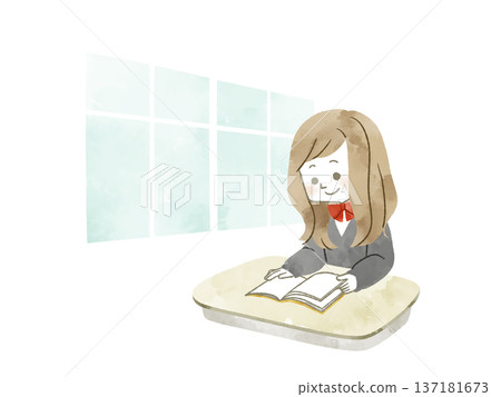 女學生在教室裡讀書——水彩畫 女學生在教室裡讀書——水彩畫 137181673