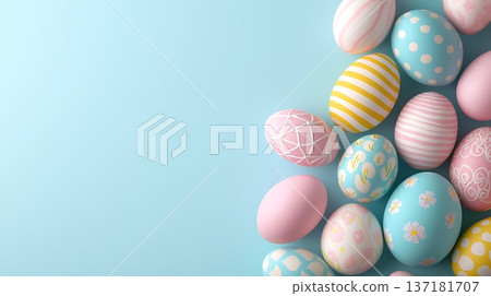 Colorful Decorative Easter Eggs on Soft Blue Background for Holiday Celebrations 137181707