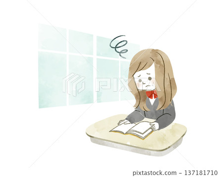 A troubled female student reading a book in the classroom - watercolor 137181710