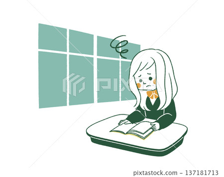 A female student with a troubled expression reading a book in the classroom - 4 colors 137181713