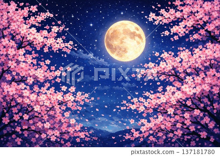 夜幕下的櫻花，盛開，櫻花，春天，夜景，向量圖 137181780